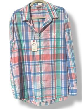 NWT IZOD Saltwater Dockside Chambray Mens XL Plaid Button Down Shirt Pastel
